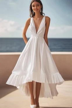 Marfim Cetim Decote em V Midi Vestido De Noiva Simples