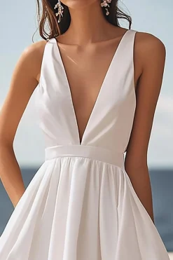 Marfim Cetim Decote em V Midi Vestido De Noiva Simples