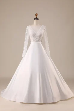 Marfim Cetim Mangas Compridas Vestido de Noiva