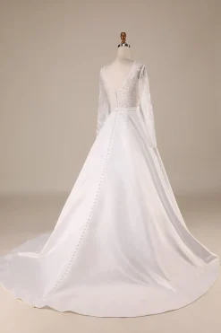 Marfim Cetim Mangas Compridas Vestido de Noiva