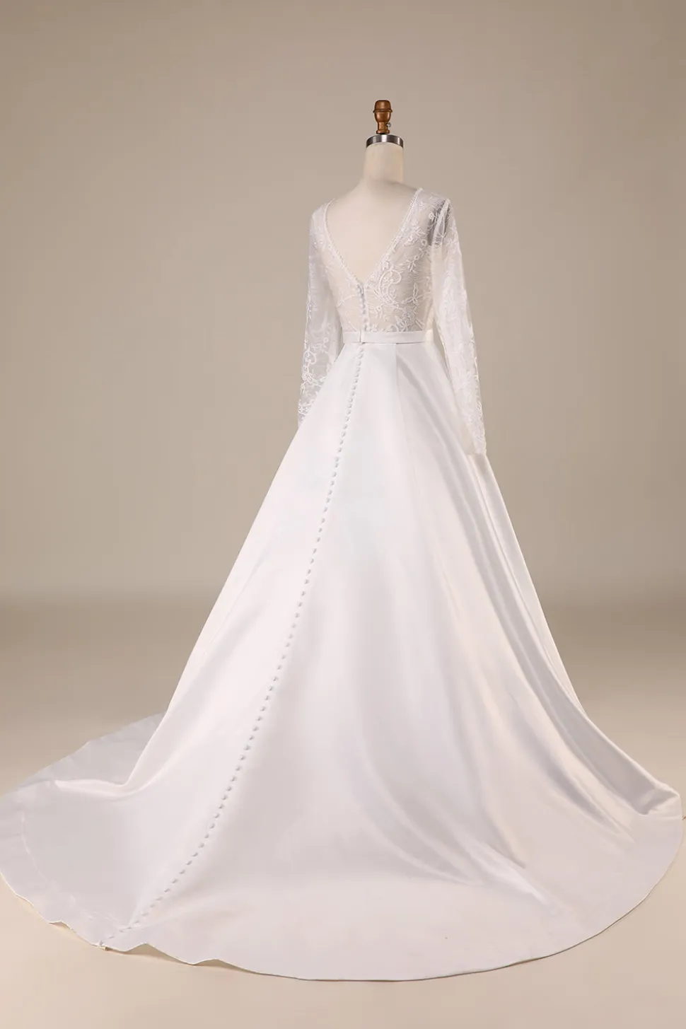 Marfim Cetim Mangas Compridas Vestido de Noiva