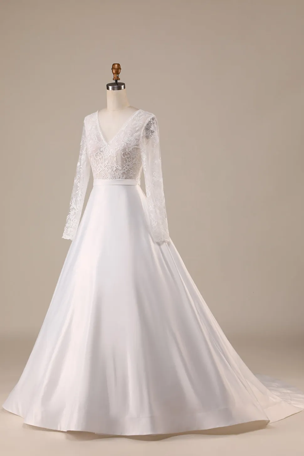 Marfim Cetim Mangas Compridas Vestido de Noiva