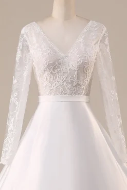 Marfim Cetim Mangas Compridas Vestido de Noiva