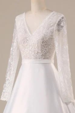 Marfim Cetim Mangas Compridas Vestido de Noiva