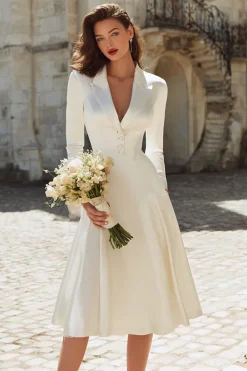 Marfim Cetim Peaked Lapela Uma Linha Midi Vestido de Noivado