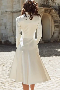 Marfim Cetim Peaked Lapela Uma Linha Midi Vestido de Noivado
