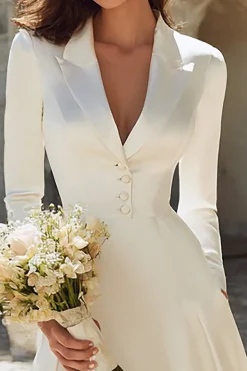 Marfim Cetim Peaked Lapela Uma Linha Midi Vestido de Noivado