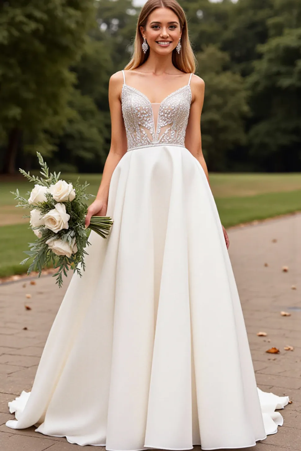Marfim Cetim Renda Decote em V Sweep/Brush Trem Vestidos de Noiva