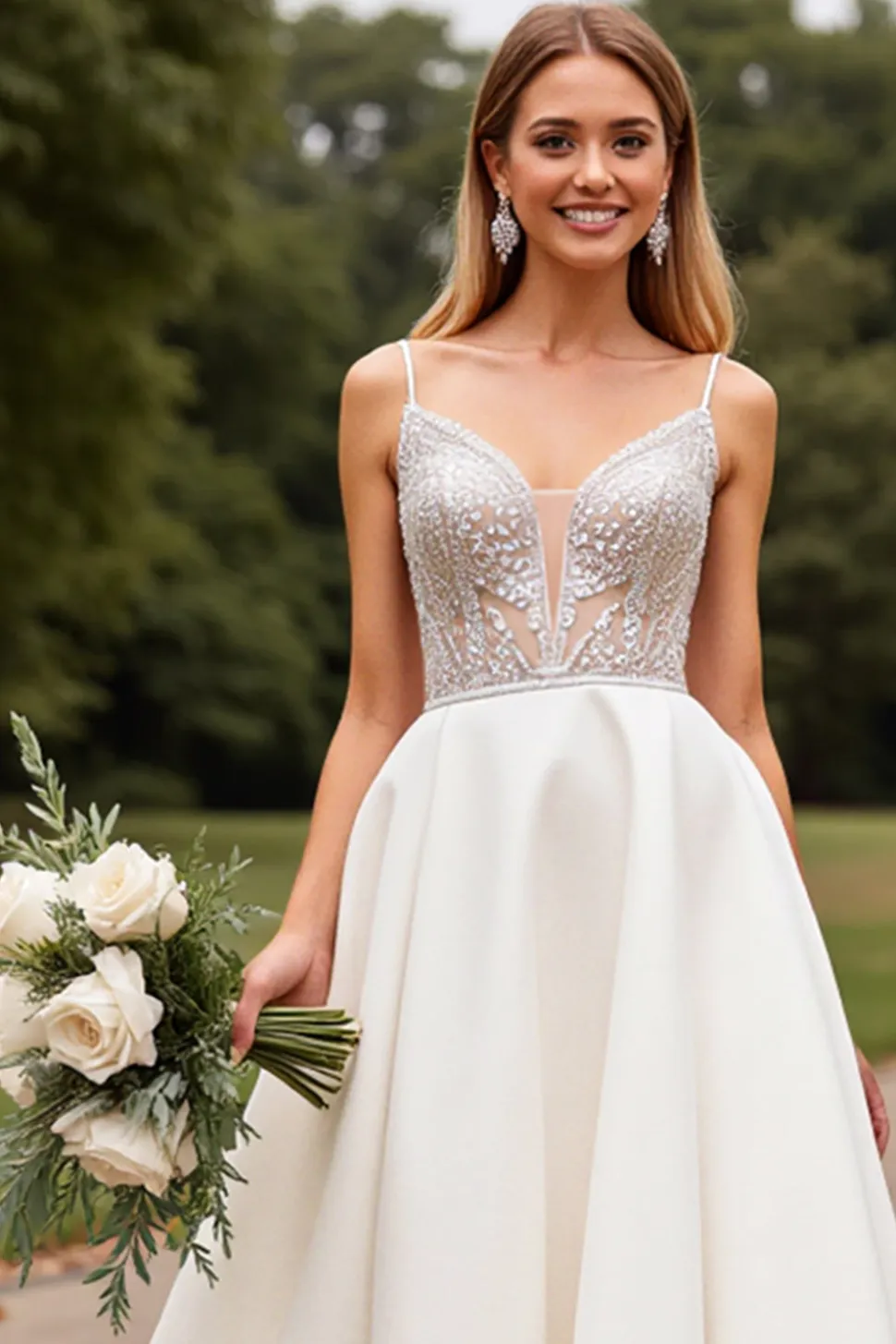 Marfim Cetim Renda Decote em V Sweep/Brush Trem Vestidos de Noiva