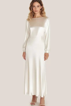 Marfim Cetim Scoop Neck A-Line Tornozelo Comprimento Vestido Formal com mangas compridas