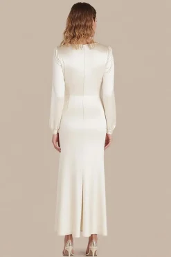 Marfim Cetim Scoop Neck A-Line Tornozelo Comprimento Vestido Formal com mangas compridas