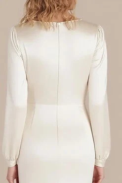 Marfim Cetim Scoop Neck A-Line Tornozelo Comprimento Vestido Formal com mangas compridas