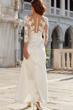 Marfim Cetim Sereia 3/4 manga vestido de noivado com fenda