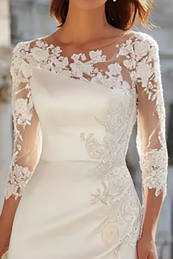 Marfim Cetim Sereia 3/4 manga vestido de noivado com fenda