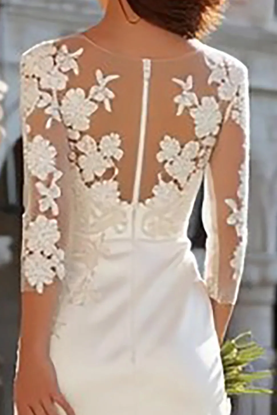 Marfim Cetim Sereia 3/4 manga vestido de noivado com fenda
