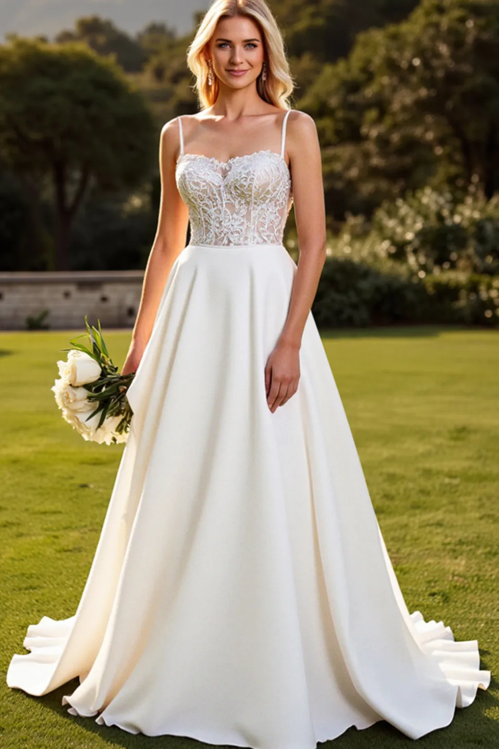 Marfim Chiffon Alças Finas Longos Vestido de Noiva