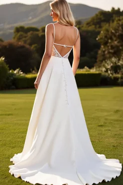 Marfim Chiffon Alças Finas Longos Vestido de Noiva
