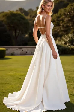 Marfim Chiffon Alças Finas Longos Vestido de Noiva