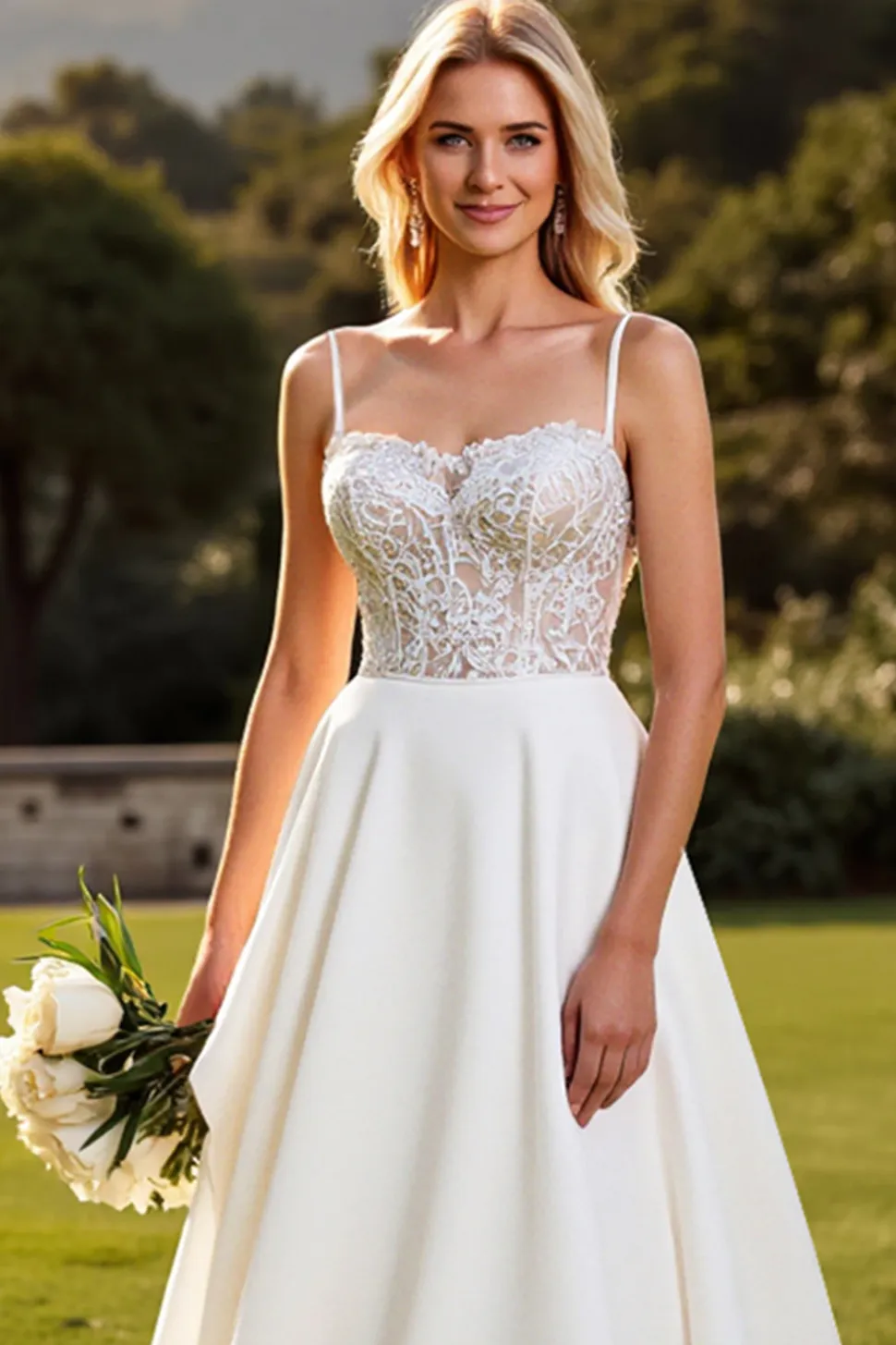 Marfim Chiffon Alças Finas Longos Vestido de Noiva