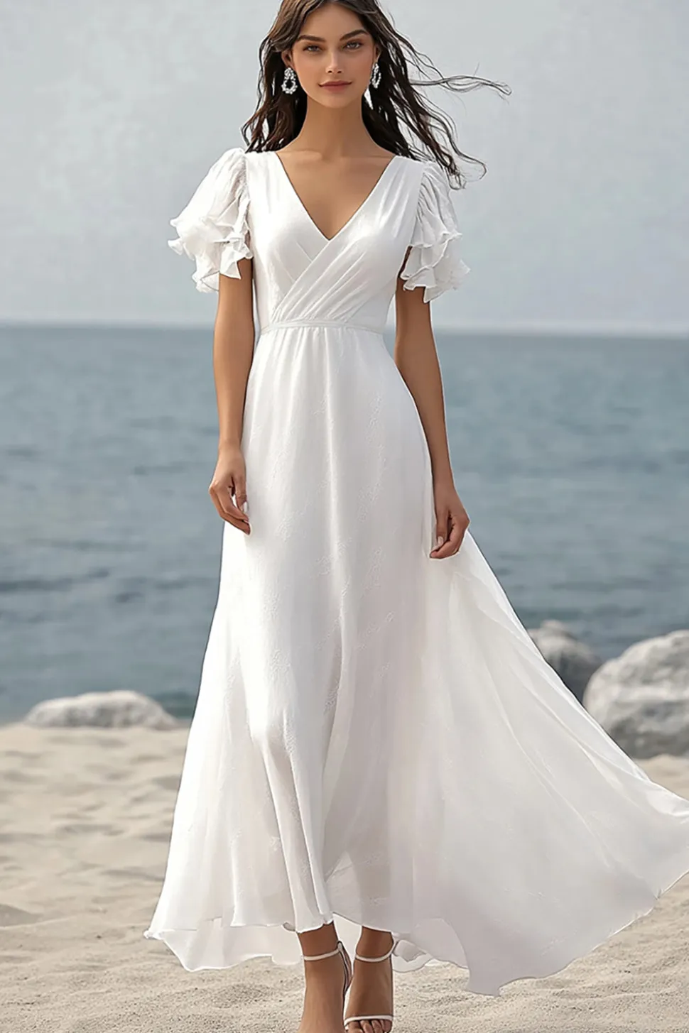 Marfim Chiffon Decote em V Longos Vestido De Noiva Simples