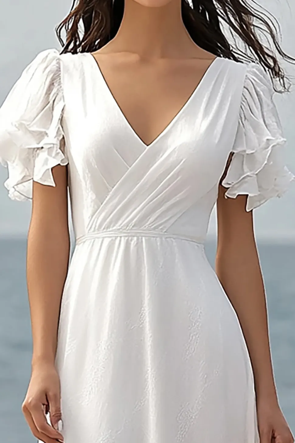 Marfim Chiffon Decote em V Longos Vestido De Noiva Simples