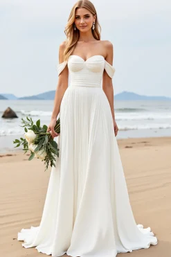 Marfim Chiffon Linha-A Fora do Ombro Longos Vestidos de Noiva
