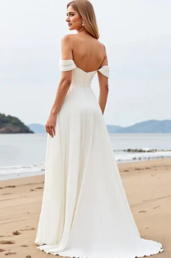 Marfim Chiffon Linha-A Fora do Ombro Longos Vestidos de Noiva