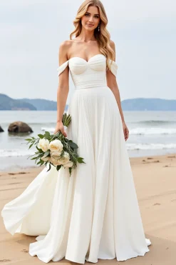 Marfim Chiffon Linha-A Fora do Ombro Longos Vestidos de Noiva