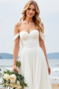 Marfim Chiffon Linha-A Fora do Ombro Longos Vestidos de Noiva