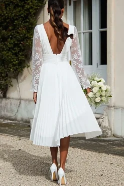 Marfim Chiffon V Pescoço Uma linha plissado midi vestido de noivado com renda