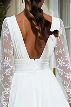 Marfim Chiffon V Pescoço Uma linha plissado midi vestido de noivado com renda