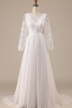 Marfim Chiffon varredura trem Boho vestido de noiva com renda