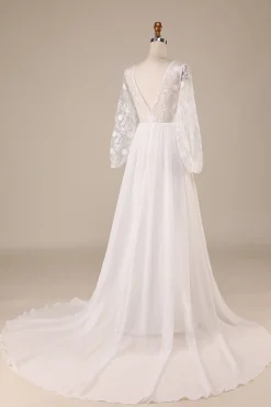 Marfim Chiffon varredura trem Boho vestido de noiva com renda