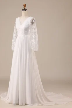 Marfim Chiffon varredura trem Boho vestido de noiva com renda
