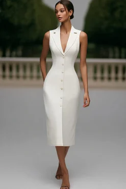 Marfim Crepe Pico Lapela Bodycon Vestido de Trabalho