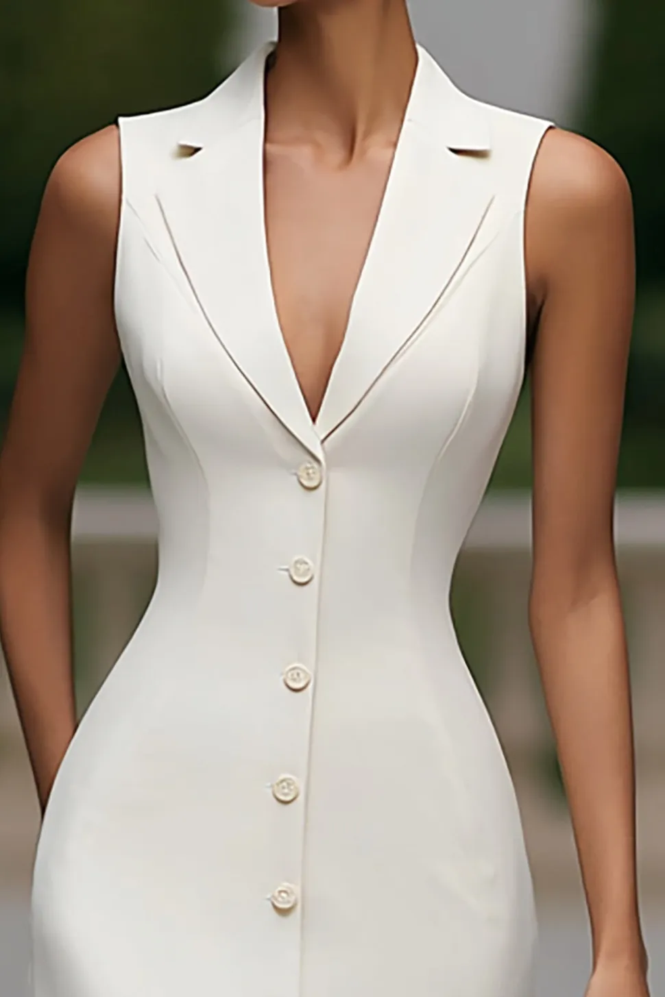 Marfim Crepe Pico Lapela Bodycon Vestido de Trabalho