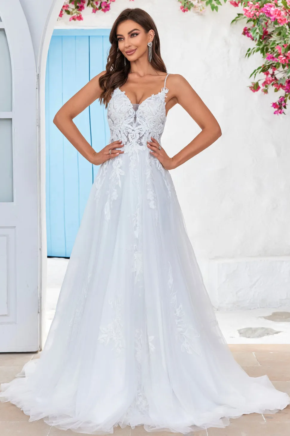 Marfim Criss-Cross Correias Back A-Line Tule Vestido de Noiva