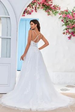 Marfim Criss-Cross Correias Back A-Line Tule Vestido de Noiva