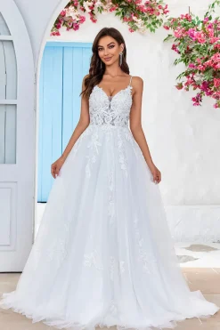 Marfim Criss-Cross Correias Back A-Line Tule Vestido de Noiva