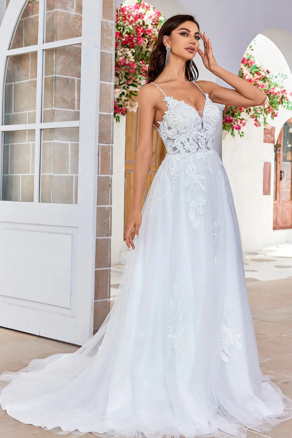 Marfim Criss-Cross Correias Back A-Line Tule Vestido de Noiva