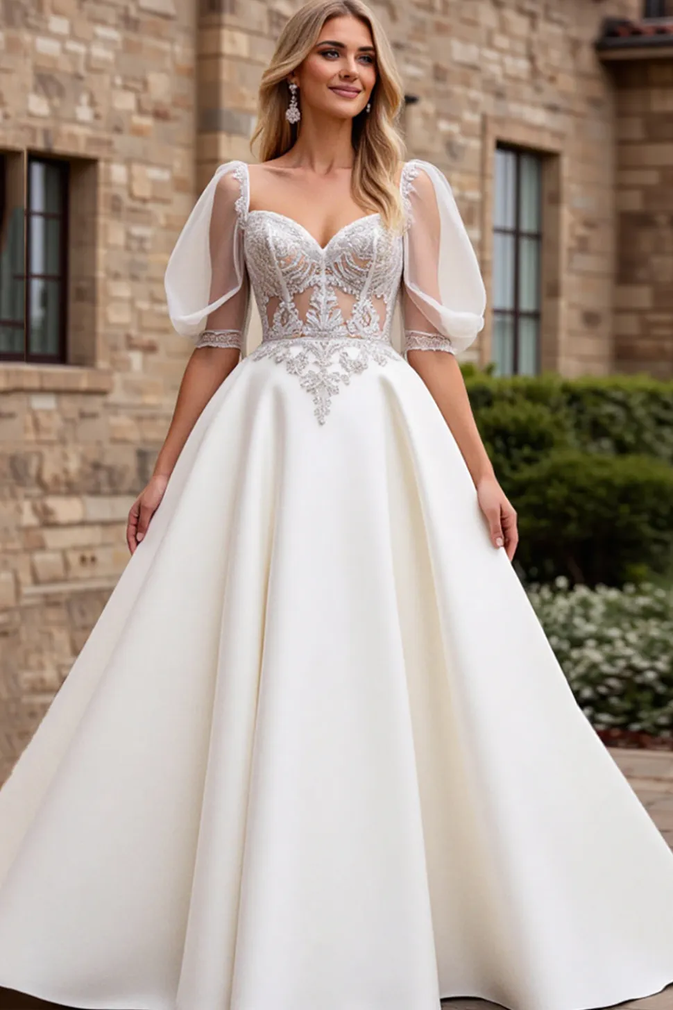 Marfim De Baile/Princesa Apliques Cetim Longo Vestidos de Noiva