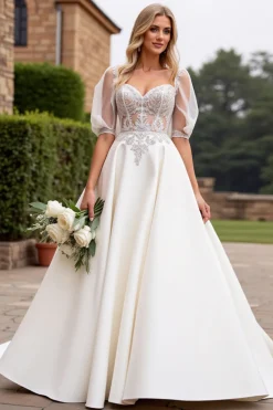 Marfim De Baile/Princesa Apliques Cetim Longo Vestidos de Noiva
