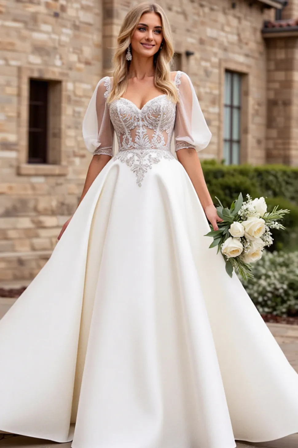 Marfim De Baile/Princesa Apliques Cetim Longo Vestidos de Noiva