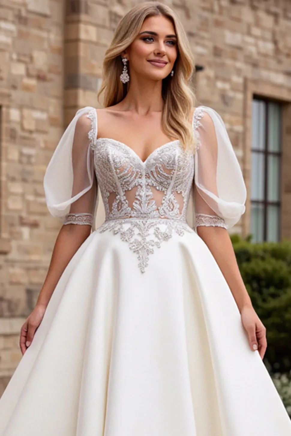 Marfim De Baile/Princesa Apliques Cetim Longo Vestidos de Noiva