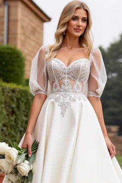 Marfim De Baile/Princesa Apliques Cetim Longo Vestidos de Noiva