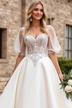 Marfim De Baile/Princesa Apliques Cetim Longo Vestidos de Noiva