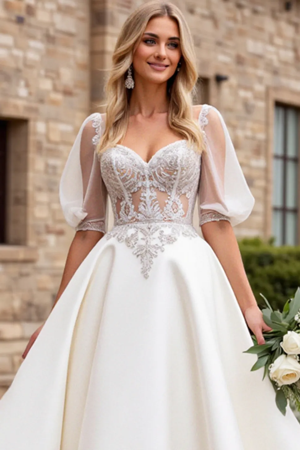 Marfim De Baile/Princesa Apliques Cetim Longo Vestidos de Noiva