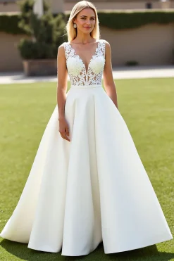 Marfim De Baile/Princesa Decote em V Cetim Longos Vestido de Noiva