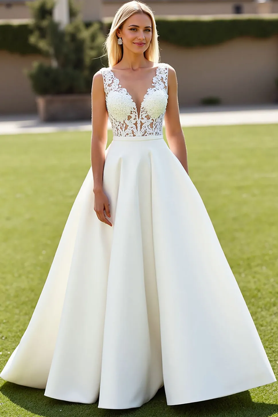 Marfim De Baile/Princesa Decote em V Cetim Longos Vestido de Noiva