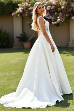 Marfim De Baile/Princesa Decote em V Cetim Longos Vestido de Noiva